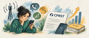 Femme découragée devant son cellulaire, entourée d’icônes d’appel coupé, de wifi et de réseau défaillants, à côté d’un document de plainte de la CPRST et d’un graphique en hausse.
